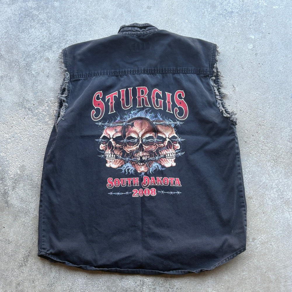 Sturgis South‎ Dakota 2008 Skull Biker Sleeveless Button Up Shirt Vest Mens